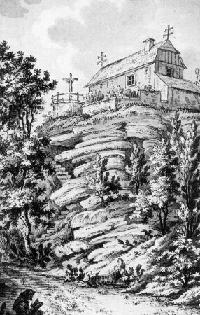 Panschwitz-Kuckau-Kuckau. Das Einsiedlerhaus auf der Kuckauer Schanze, Zeichnung von Johann Gottfried Schultz, 11.7.1777, Repro (Graph. Kabinett Görlitz)