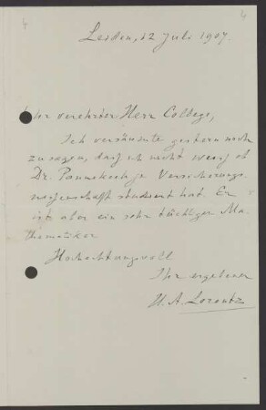 Nr. 4: Brief von Hendrik A. Lorentz an Karl Schwarzschild, Leiden, 12.7.1907