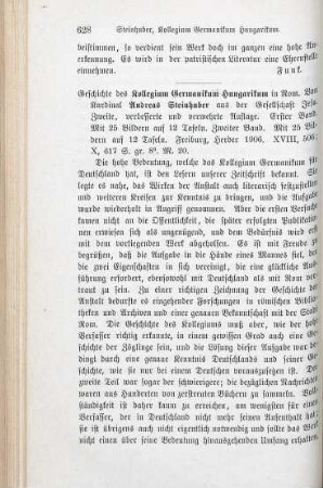 628-629 [Rezension] Steinhuber, Andreas, Geschichte des Kollegium Germanikum Hungarikum in Rom, 2. Band