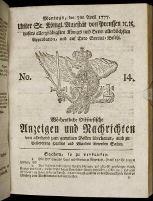 No. 14. Montags, den 7ten April 1777.