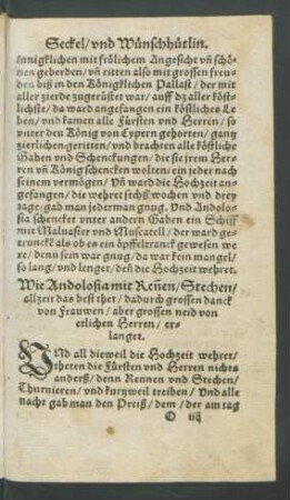 Wie Andolosia mit Rennen/ Stechen/ allzeit das best thet/ dadurch grossen danck von Frauwen/ aber grossen neid von etlichen Herren/ erlanget.