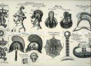 Uniformdarstellung, Detailstudie Embleme, Helme, und Epauletten der Infanterie, Königreich Bayern, 1870. Beiblatt 1 zu Tafel XVII aus: Müller/Braun: Königl. Bayerische Armee.