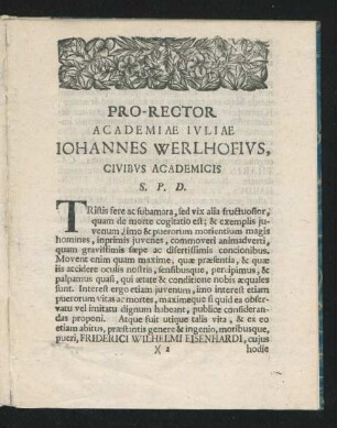 Pro-Rector Academiae Juliae Johannes Werlhofius, Civibus Academicis S. P. D.