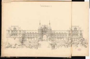 Fürstliches Schloss auf dem Brauhausberg, Potsdam Schinkelwettbewerb 1862: Aufriss Ostansicht; Maßstabsleiste