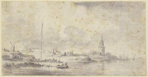 Links an einem Fluss eine Stadt mit Kirche und Festungsmauer, weiter links zwei Windmühlen