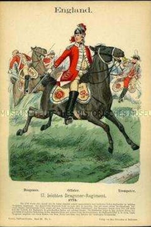 Uniformdarstellung, Gemeiner, Offizier und Trompeter des 17. Leichten Dragoner-Regiments, Königreich Großbritannien, 1775.