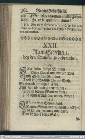 XXII. Reim-Gebethlein, bey den Krancken zu gebrauchen