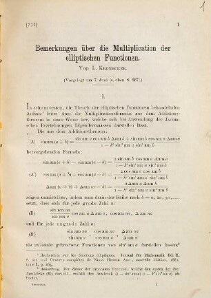 Bemerkungen über die Multiplication der elliptischen Functionen
