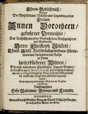 Ehren-Gedächtnüß Welches Der WohlErbarn ... Frauen Annen Dorotheen ...