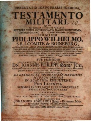 Dissertatio Inauguralis Juridica, De Testamento Militari