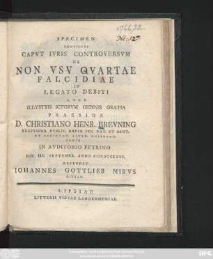 Specimen Continens Capvt Ivris Controversvm De Non Vsv Qvartae Falcidiae In Legato Debiti