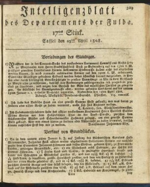 17tes Stück. Cassel den 25ten April 1808
