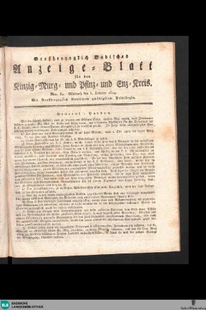 Grossherzoglich Badisches Anzeige-Blatt für den Kinzig-, Murg- und Pfinz-Kreis, Großherzoglich Badisches Anzeige-Blatt für den Kinzig-, Murg-, Pfinz- und Enz-Kreis