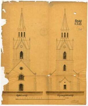Erweiterung der Kirche in Erlach; Giebelansicht, Turmgiebelansicht; Tusche auf Ölpapier, koloriert