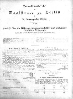 No. 27 Bericht über die Alterversorgungsanstalten und Hospitäler städtischen Patronats