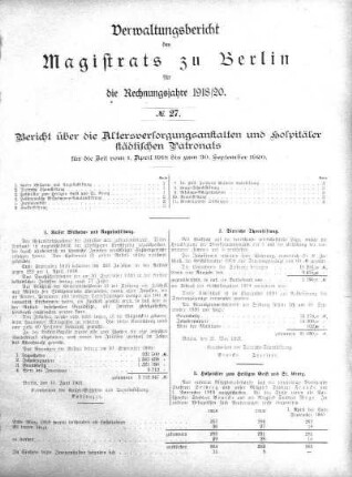 No. 27 Bericht über die Alterversorgungsanstalten und Hospitäler städtischen Patronats