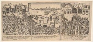 Bilderbogen mit drei Szenen aus Frankfurt am Main: Plünderung der Judengassen (Fettmilchaufstand) und Auszug der Juden am 22. August 1614 sowie Wiedereinzug unter kaiserlichem Schutz am 28. Februar 1616