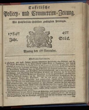 45tes Stueck, Montag den 8ten November. 1784
