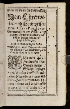 Dem Ehrenvesten und Hochweisen Herrn Iohan Peulicken [...]