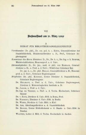 VIII Personalstand am 31. März 1929