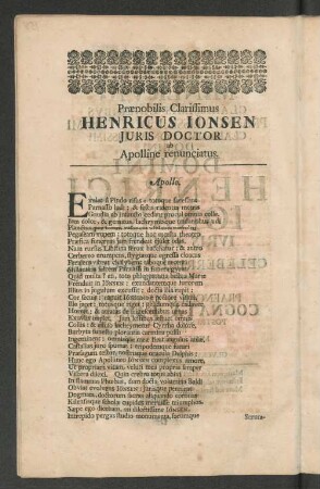 Praenobilis Clarissimus Henricus Iönsen Juris Doctor ab Apolline renunciatus. [Trauergedicht.]