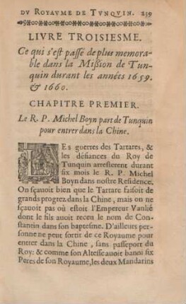 Chapitre premier. Le R. P. Michel Boyn part de Tunquin pour entrer dans la Chine