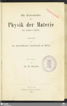41.1885(1891): Die Fortschritte der Physik : dargest. von d. Physikalischen Gesellschaft zu Berlin