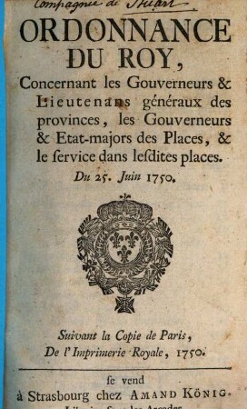 Ordonnance du Roi, concernant les Gouverneurs 1750