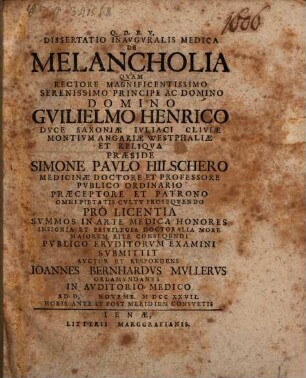 Diss. inaug. med. de melancholia