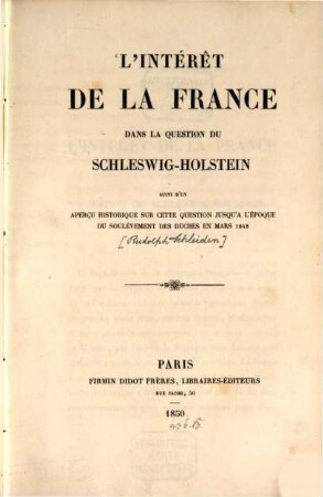 L'intèrêt de la France dans la question du Schleswig-Holstein