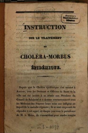 Instruction sur le traitement du Choléra-Morbus épidémique