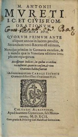M. Antonii Mvreti I.C. Et Civis Rom. Orationvm Volvmina Dvo : Qvorvm Primvm Ante aliquot annos in lucem prodijt, Secundum verò Recens est editum ; Accesserunt Indices, in quibus ex ordine recensentur, quam in causam, et rem Orationes habitae fuerint, 1