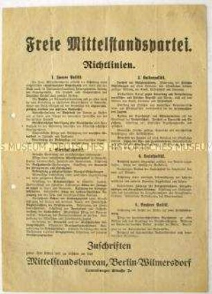 Flugblatt mit dem politischen Programm der Freien Mittelstandspartei