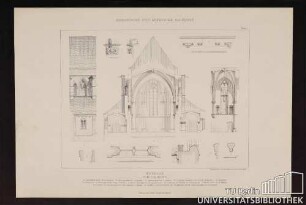 Wetzlar Stiftskirche A Querschnitt durch den Langchor. B Außensystem des Langchors . C Innensystem des Langchors. D Langchor Grundriss des inneren Umganges. E Kragstein im Langchor. F Pfostenprofil der Langchorfenster. G Innere Sohlbank der Langchorfenster. H Grundriss der Fenster im Chorpolygon. J Schnitt durch die Sohlbank der Fenster im Chorpolygon und den äußeren Umgang. K Kapitell- und Sockelprofil der Wandpfeiler in den Nebenräumen des Langchors.