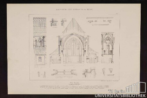 Wetzlar Stiftskirche A Querschnitt durch den Langchor. B Außensystem des Langchors . C Innensystem des Langchors. D Langchor Grundriss des inneren Umganges. E Kragstein im Langchor. F Pfostenprofil der Langchorfenster. G Innere Sohlbank der Langchorfenster. H Grundriss der Fenster im Chorpolygon. J Schnitt durch die Sohlbank der Fenster im Chorpolygon und den äußeren Umgang. K Kapitell- und Sockelprofil der Wandpfeiler in den Nebenräumen des Langchors.