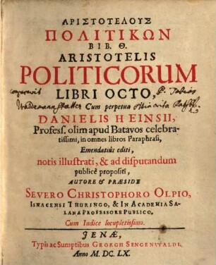 Aristotelus Politikōn Bib. 8 : Cum Indice locupletissimo = Aristotelis Politicorum Libri Octo