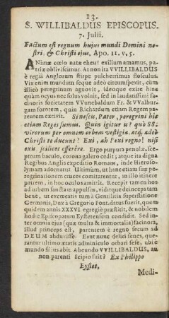 S. Willibaldus Episcopus. 7. Julii