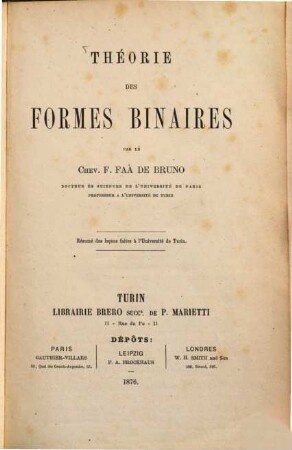 Théorie des formes binaires : résumé des leçons faites à l'Université de Turin