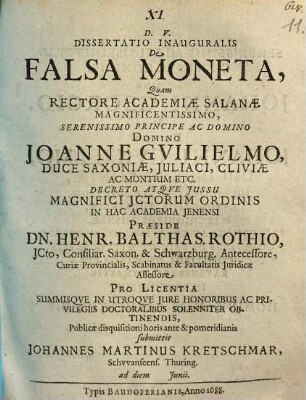 Dissertatio inauguralis de falsa moneta