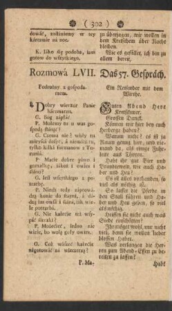 Rozmowá LVII. Podrozny z gospodarzem. = Das 57. Gespräch. Ein Reisender mit dem Wirthe.