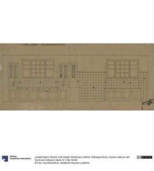 Darmstadt, Wohnhaus Olbrich, Kellergeschoss, Küche, Aufrisse der Nord und Ostwand