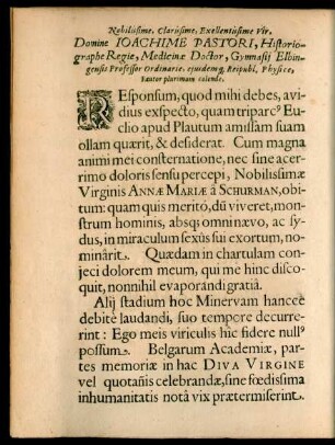 Nobilissime, ... Domine Ioachime Pastori ... Fautor plurimum colende,