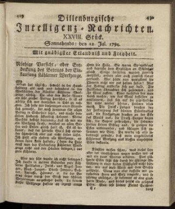 XXVIII. Stück. Sonnabends: den 12. Jul. 1794.