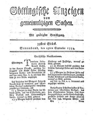 39stes Stück. Sonnabend, den 25ten September 1773.