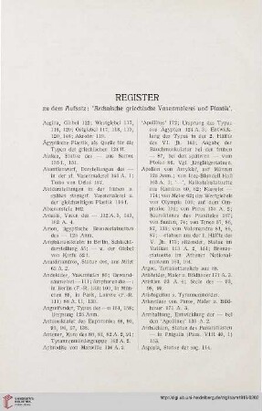 Register zu dem Aufsatz "Archaische griechische Vasenmalerei und Plastik"