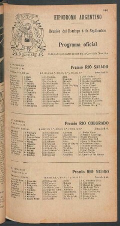 Hipódromo Argentino - Reunión del Domingo 6 de Septiembre [de 1908] - Programa oficial