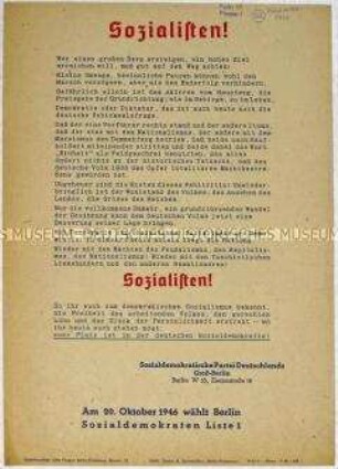 Aufruf der SPD zur Wahl der Stadtverordnetenversammlung von Groß-Berlin am 20. Oktober 1946