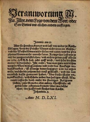 Verantwortung M. Fla. Illyr. vom Logo von dem Wort oder Son Gottes und etlichen andern Aufflagen