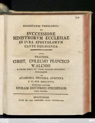 Dissertatio Theologica De Svccessione Ministrorvm Ecclesiae In Ivra Apostolorvm Cavte Definienda