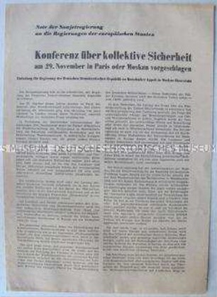 Flugblatt mit dem Text der Note der Regierung der UdSSR an die europäischen Staaten mit der Einladung zu einer Konferenz über Frieden und Sicherheit in Europa